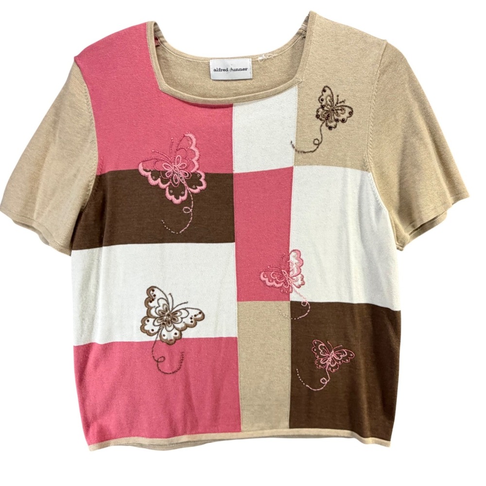 Y2K Alfred Dunner Butterfly Colorblock Sweater Top XL Tan Pink Patchwork Cottage